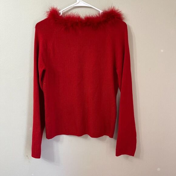 Vtg Y2K Cato Womens Red Sweater Medium Classic Feather Trim Neckline Long Sleeve - Picture 7 of 8